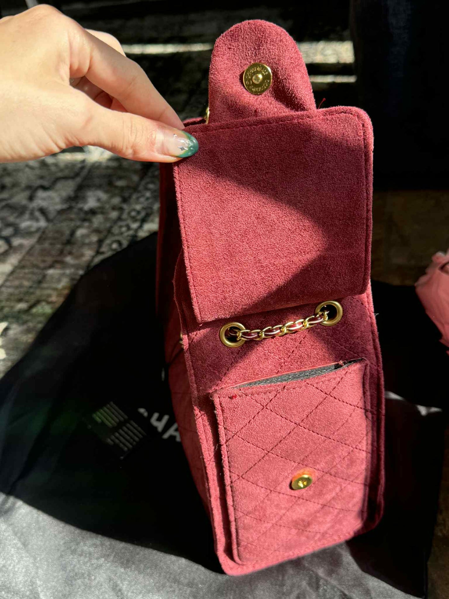 CC Inspired Burgundy Suede Handbag