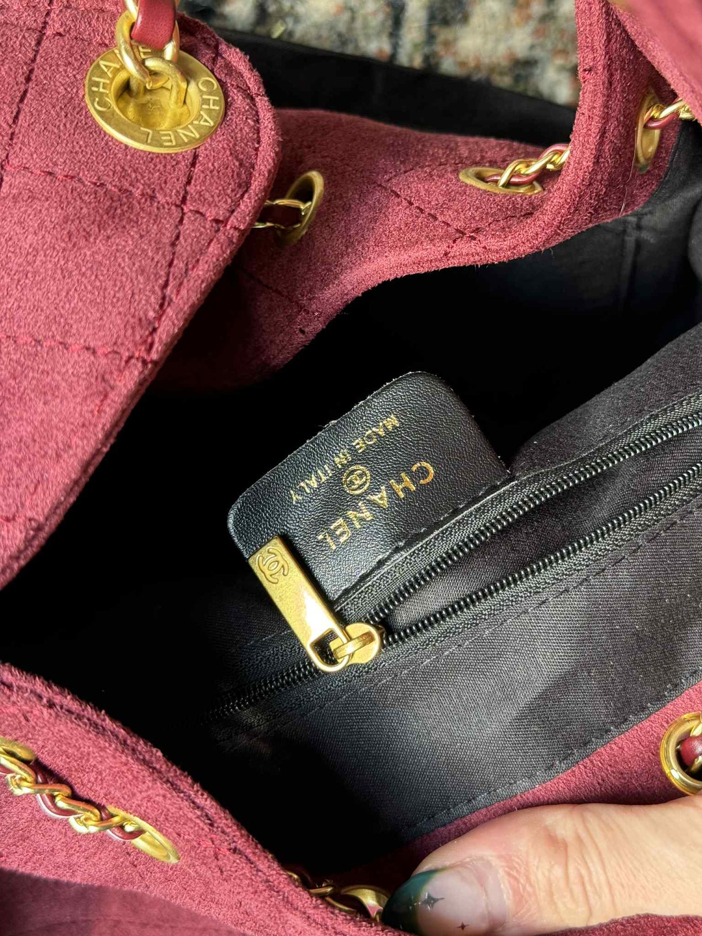 CC Inspired Burgundy Suede Handbag